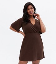 New Look Curves Dark Brown Ribbed Mini Wrap Dress